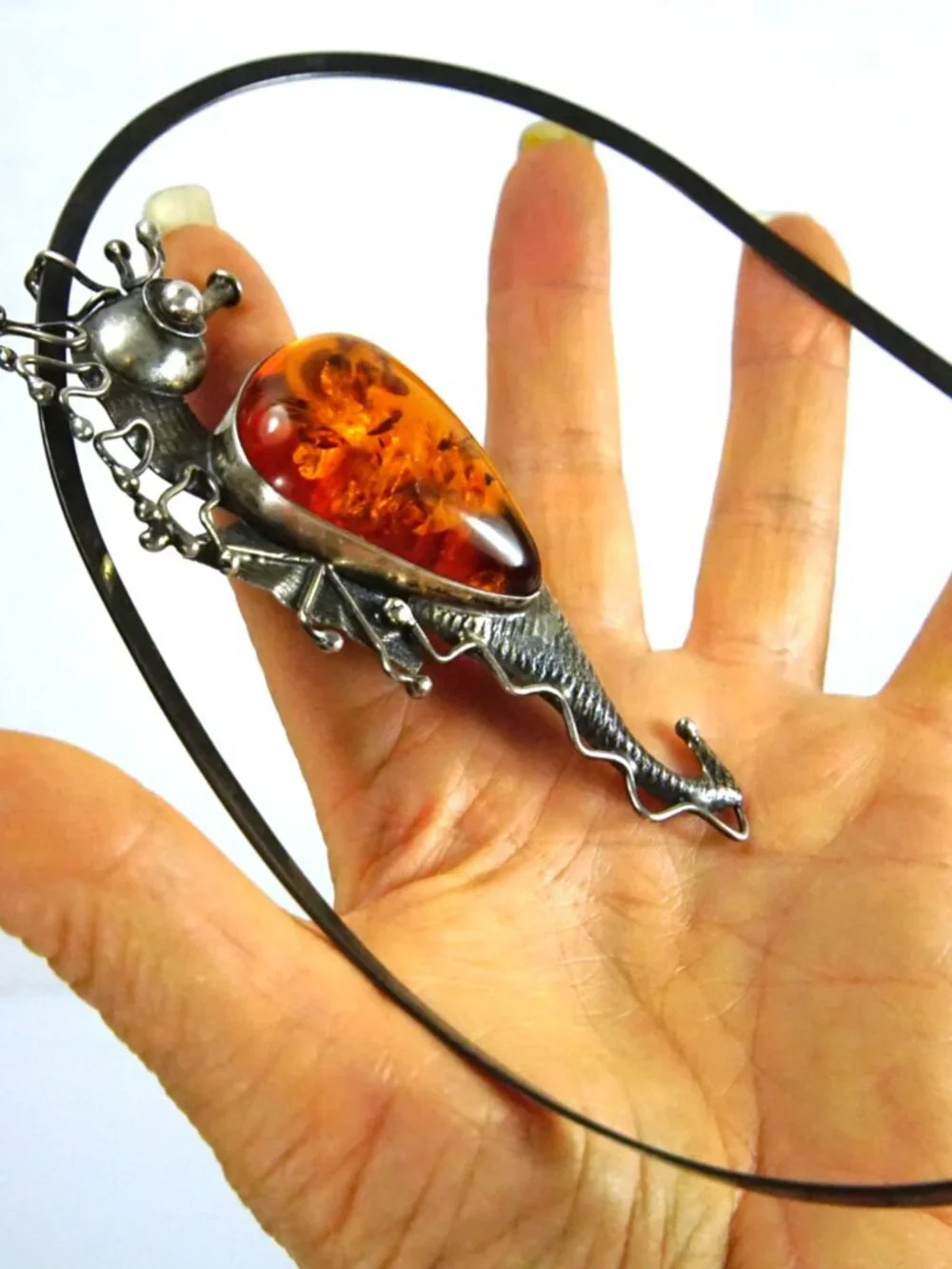 Rare Seahorse Baltic  Amber Sterling  Silver Pendant-Brooch Necklace